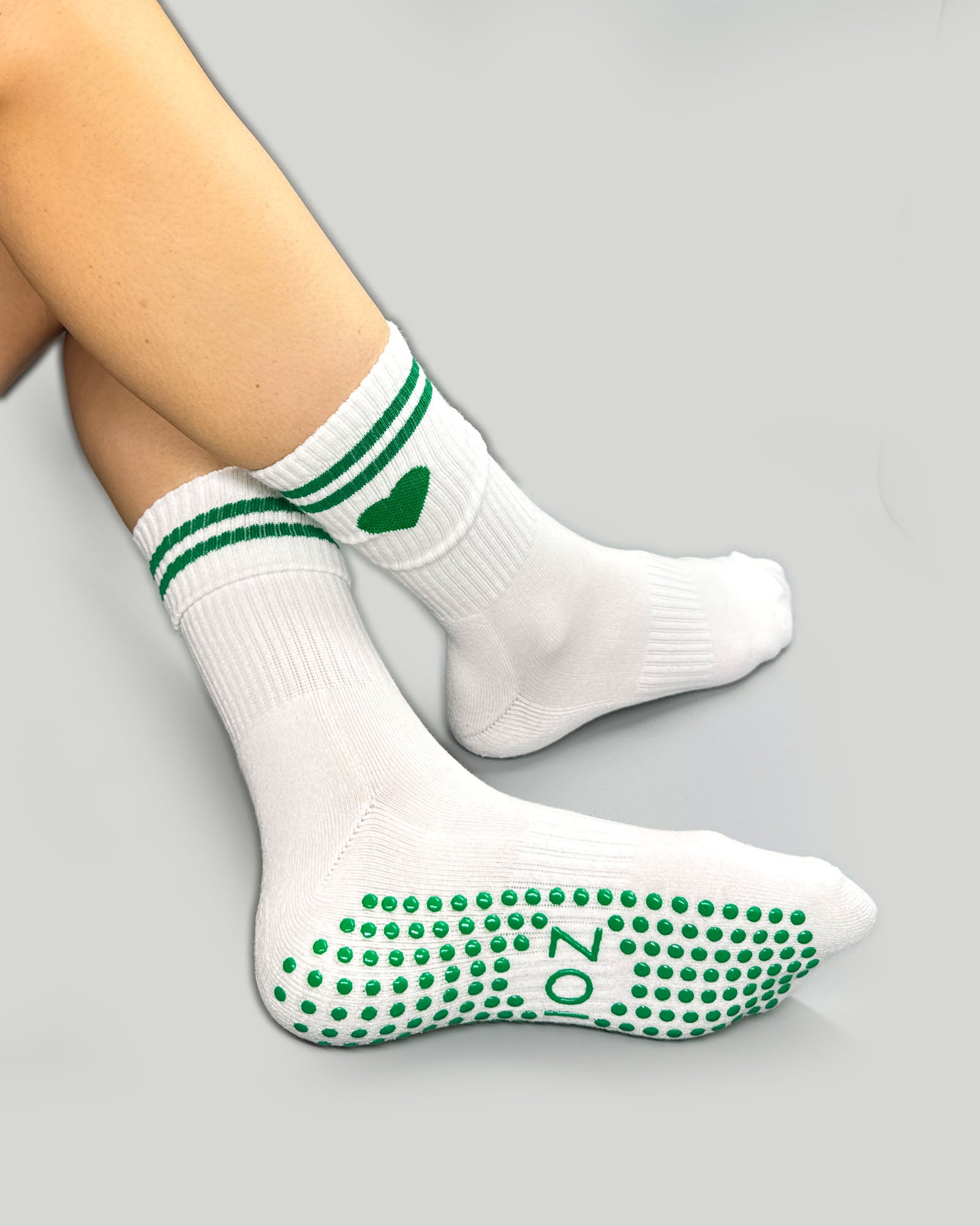 Green Striped Heart Crew Grip Socks